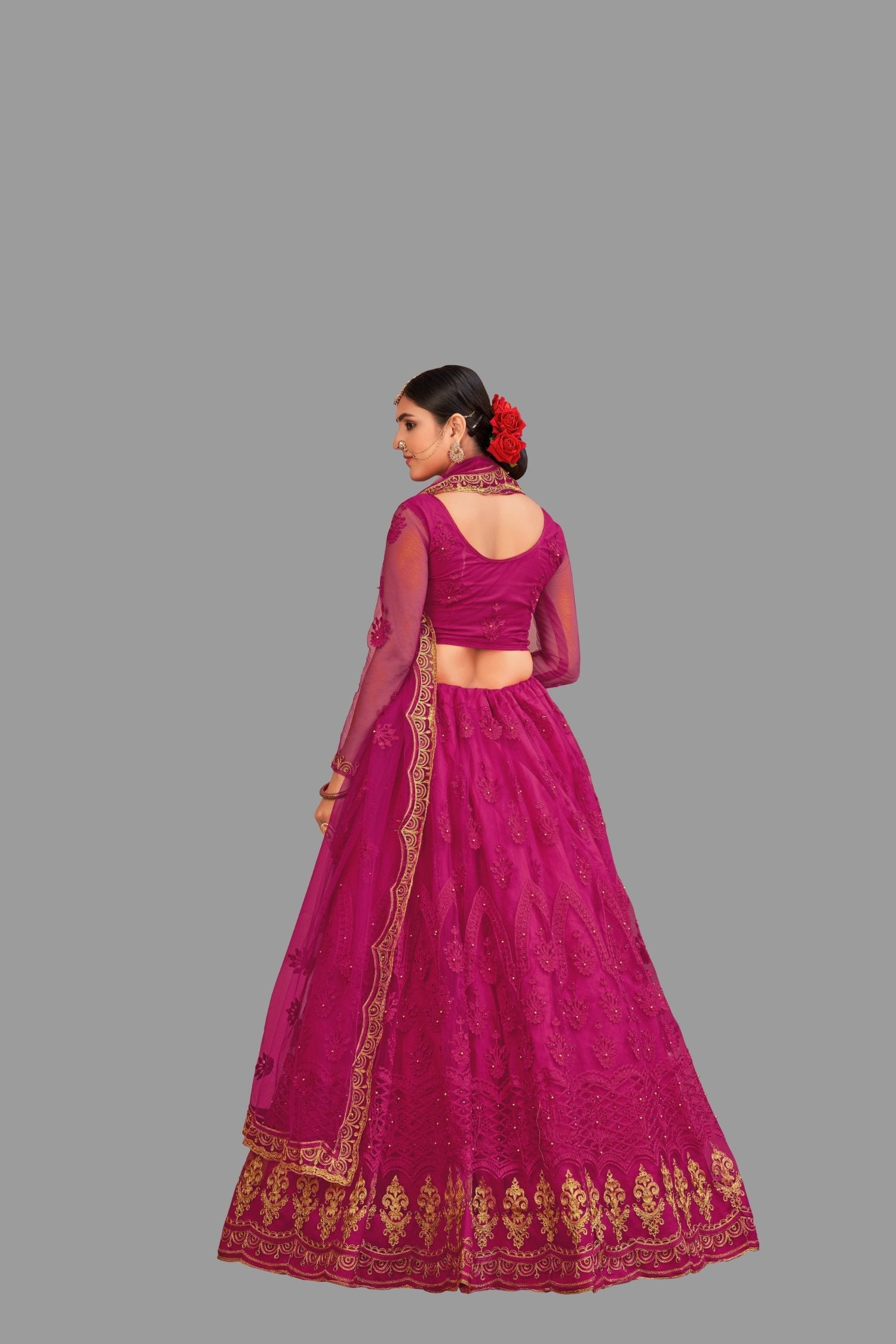 Women's Pink Net Thread Embroidered Lehenga Choli Set for Festive