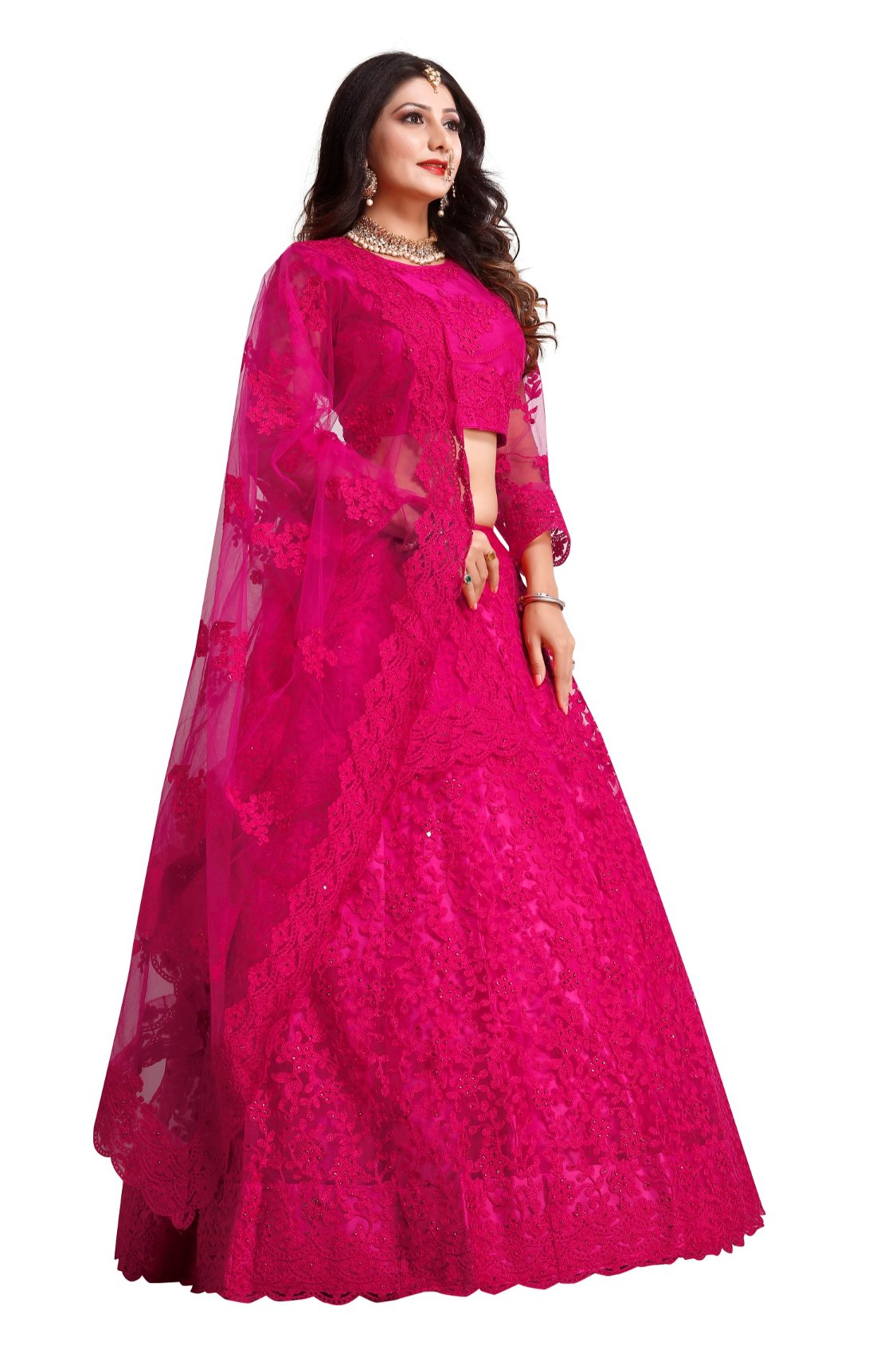 Dark Pink Net Thread Embroidered Lehenga Choli Set for Women