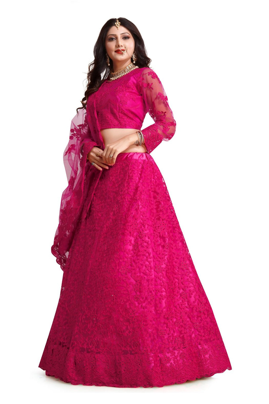Dark Pink Net Thread Embroidered Lehenga Choli Set for Women