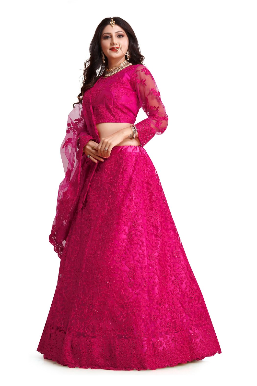 Dark Pink Net Thread Embroidered Lehenga Choli Set for Women