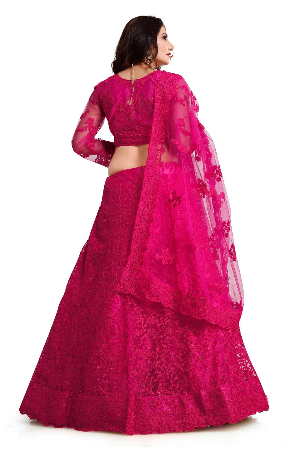 Dark Pink Net Thread Embroidered Lehenga Choli Set for Women
