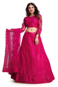 Woman wearing a Dark Pink Net Lehenga Choli set with intricate thread embroidery