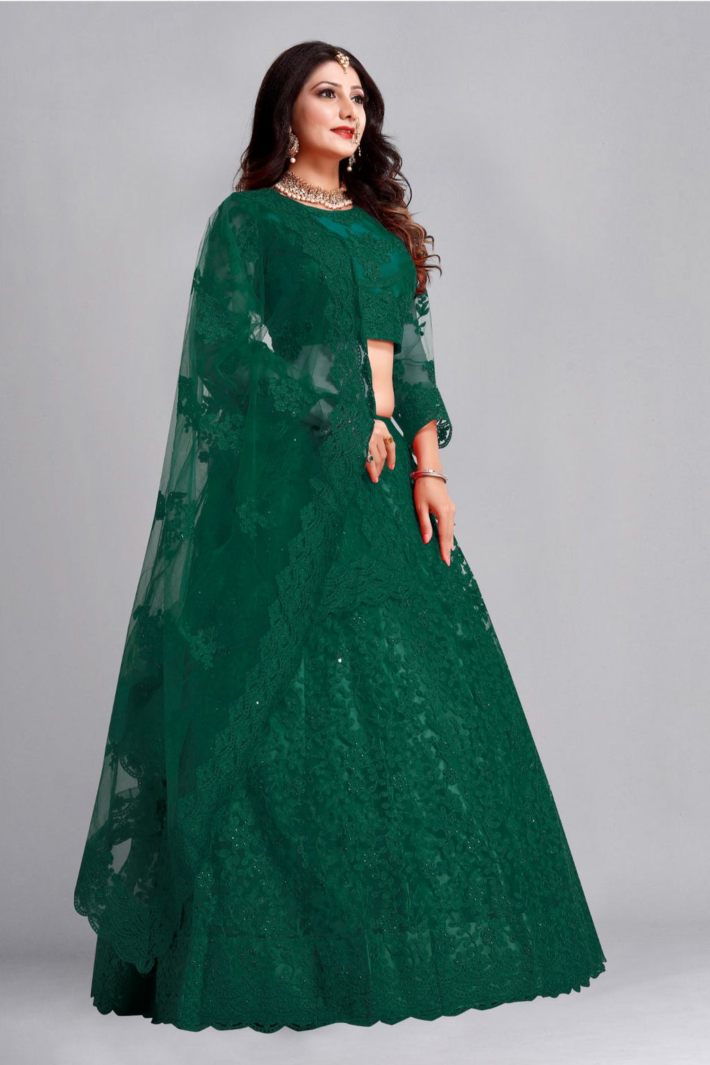 Dark Green Net Thread Embroidered Designer Lehenga Choli Set
