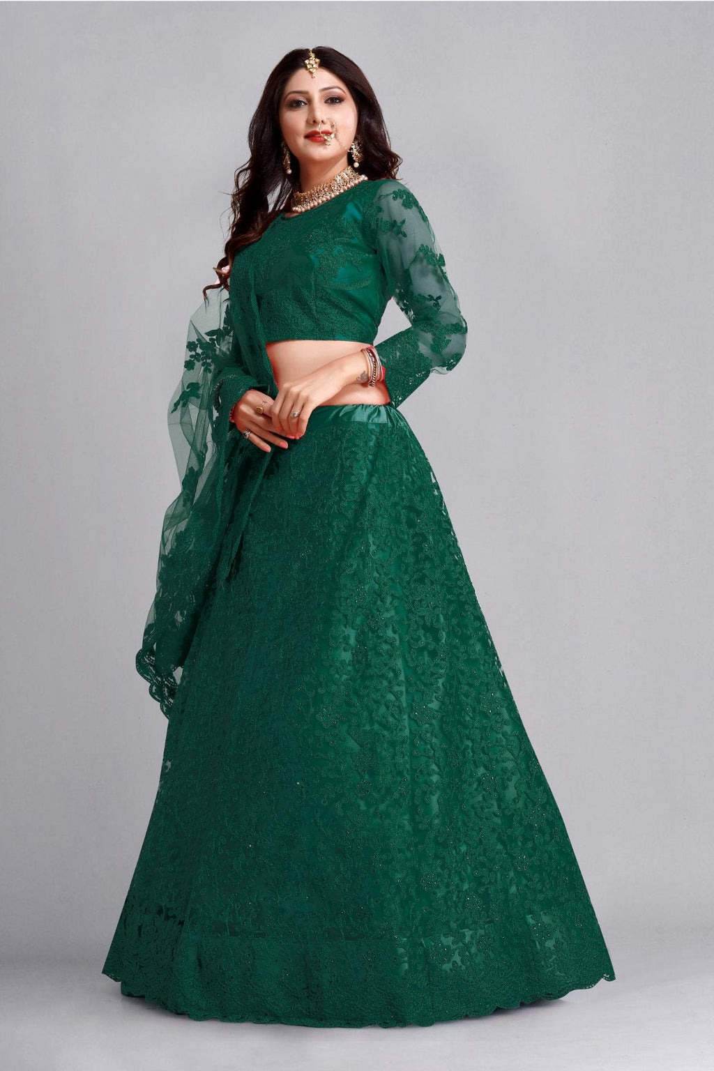 Dark Green Net Thread Embroidered Designer Lehenga Choli Set