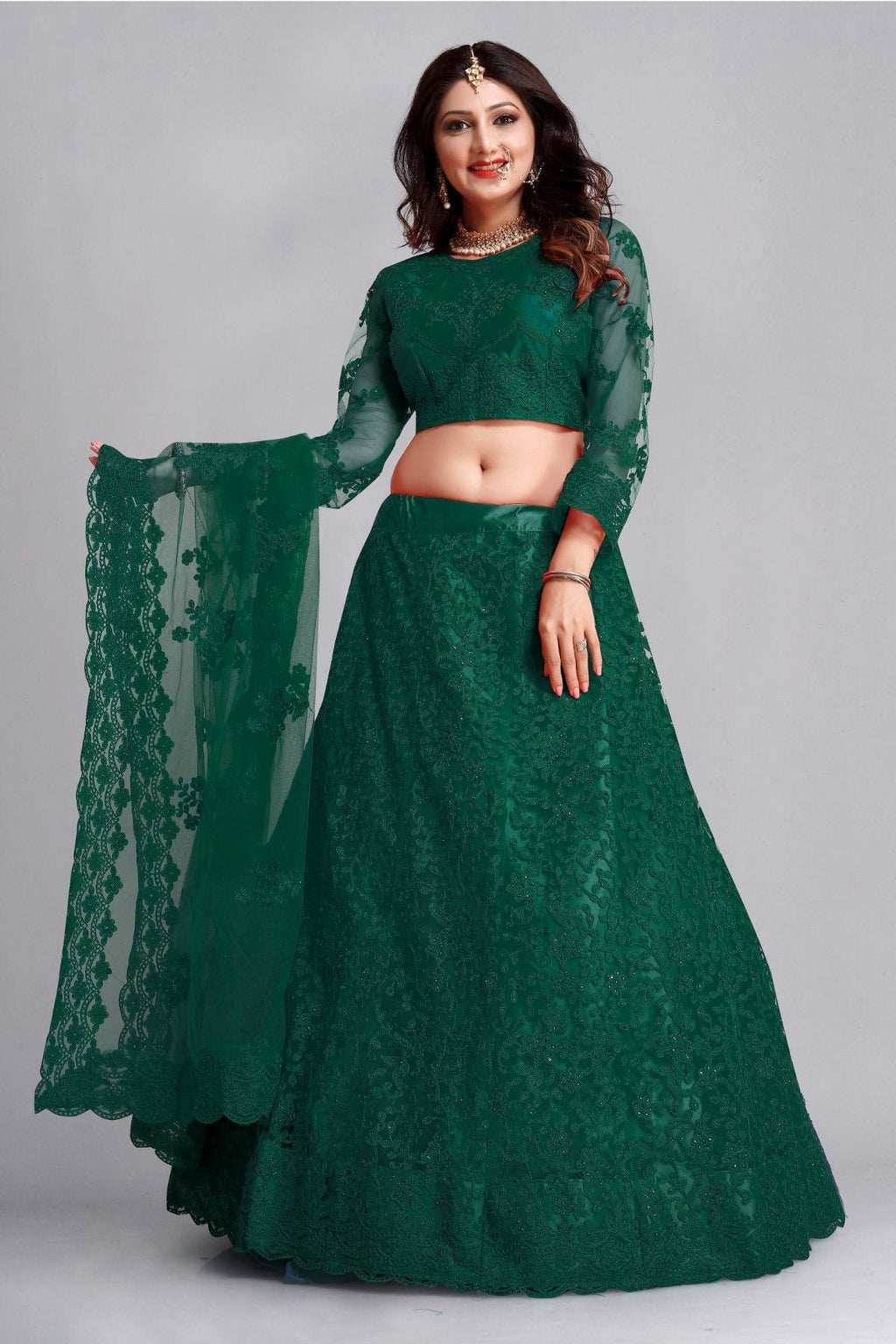 Dark Green Net Lehenga Choli with intricate thread embroidery detail for festive occasions