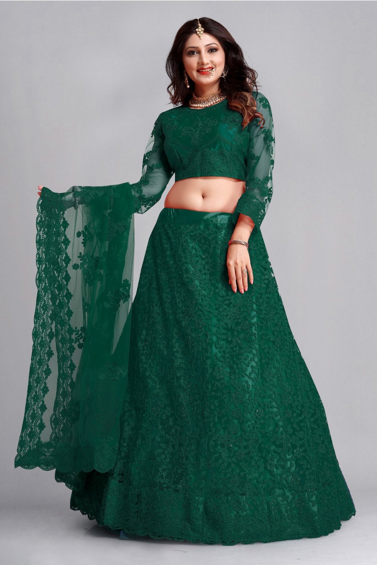 Dark Green Net Lehenga Choli with intricate thread embroidery detail for festive occasions
