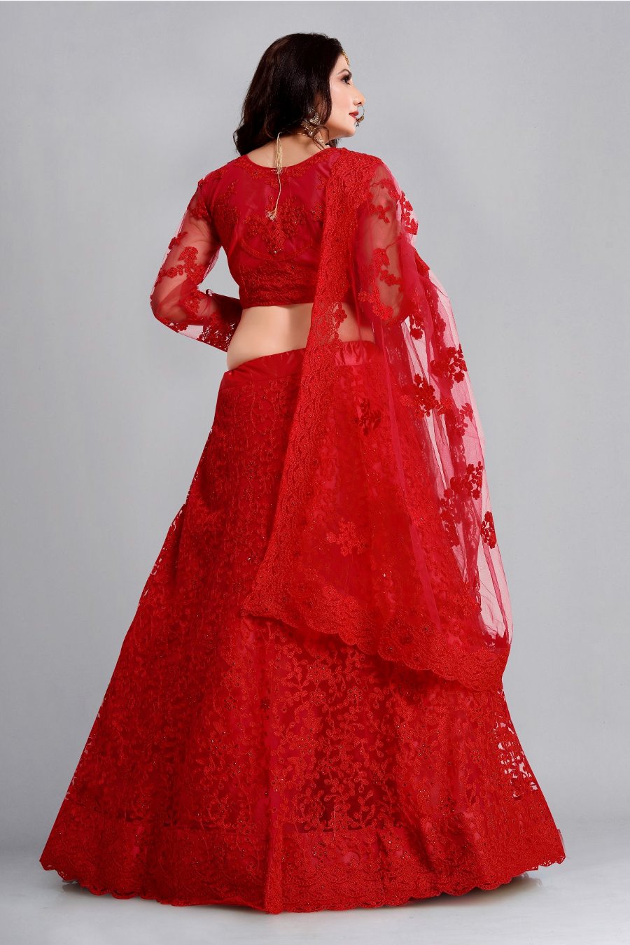 Jyoti Fashion Women's Red Net Thread Embroidered Designer Lehenga Choli Set