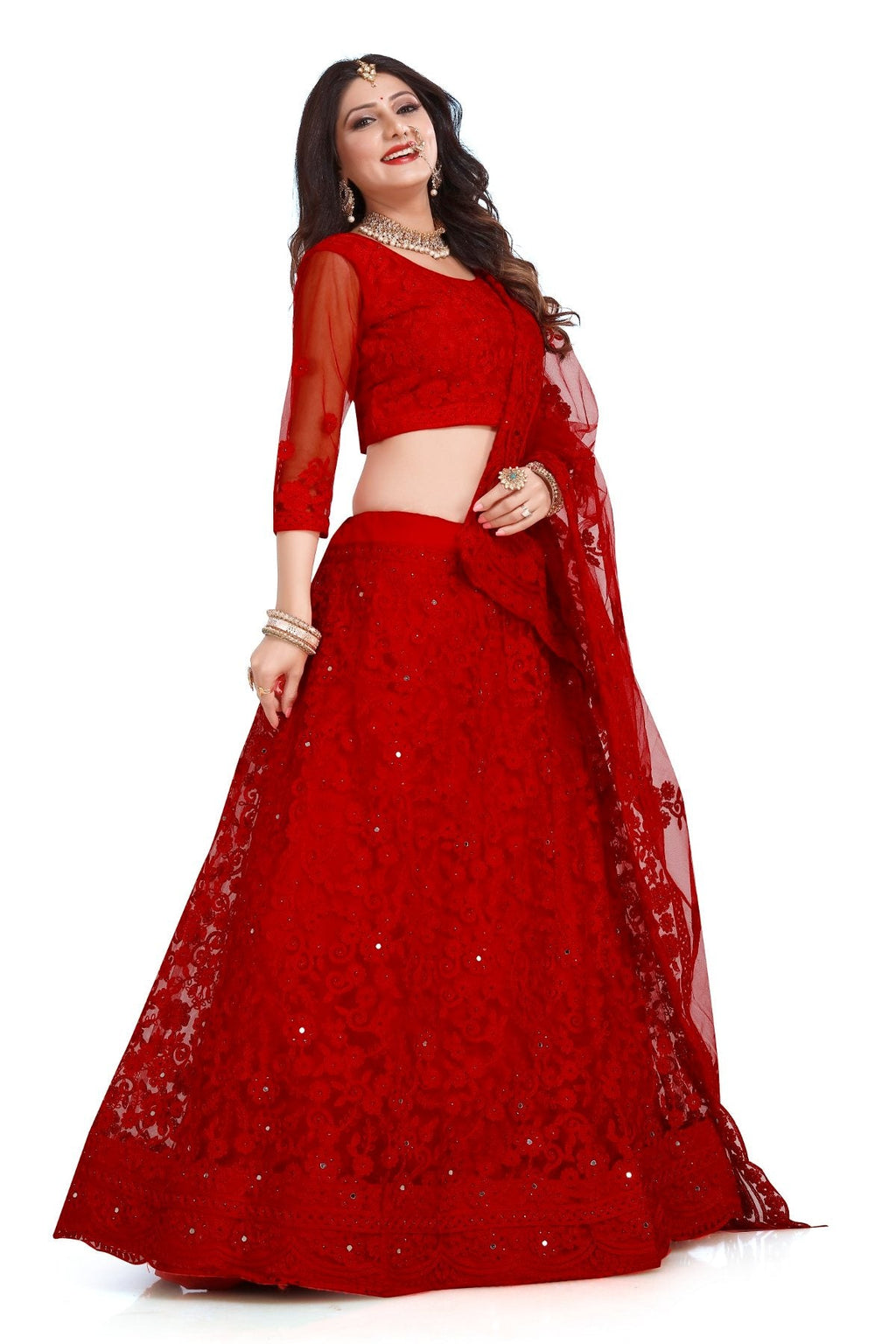 Women's Red Net Lehenga Choli Set with Intricate Thread Embroidery