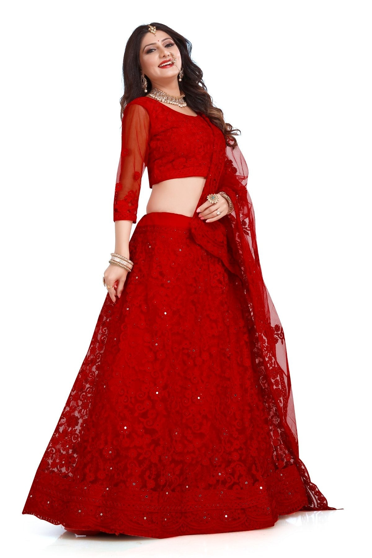 Women's Red Net Lehenga Choli Set with Intricate Thread Embroidery