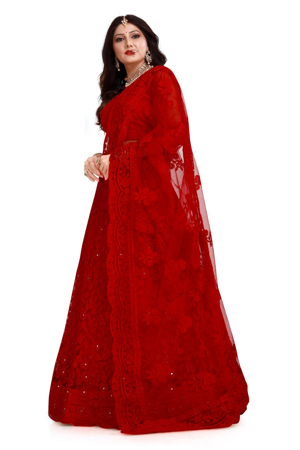 Women's Red Net Lehenga Choli Set with Intricate Thread Embroidery