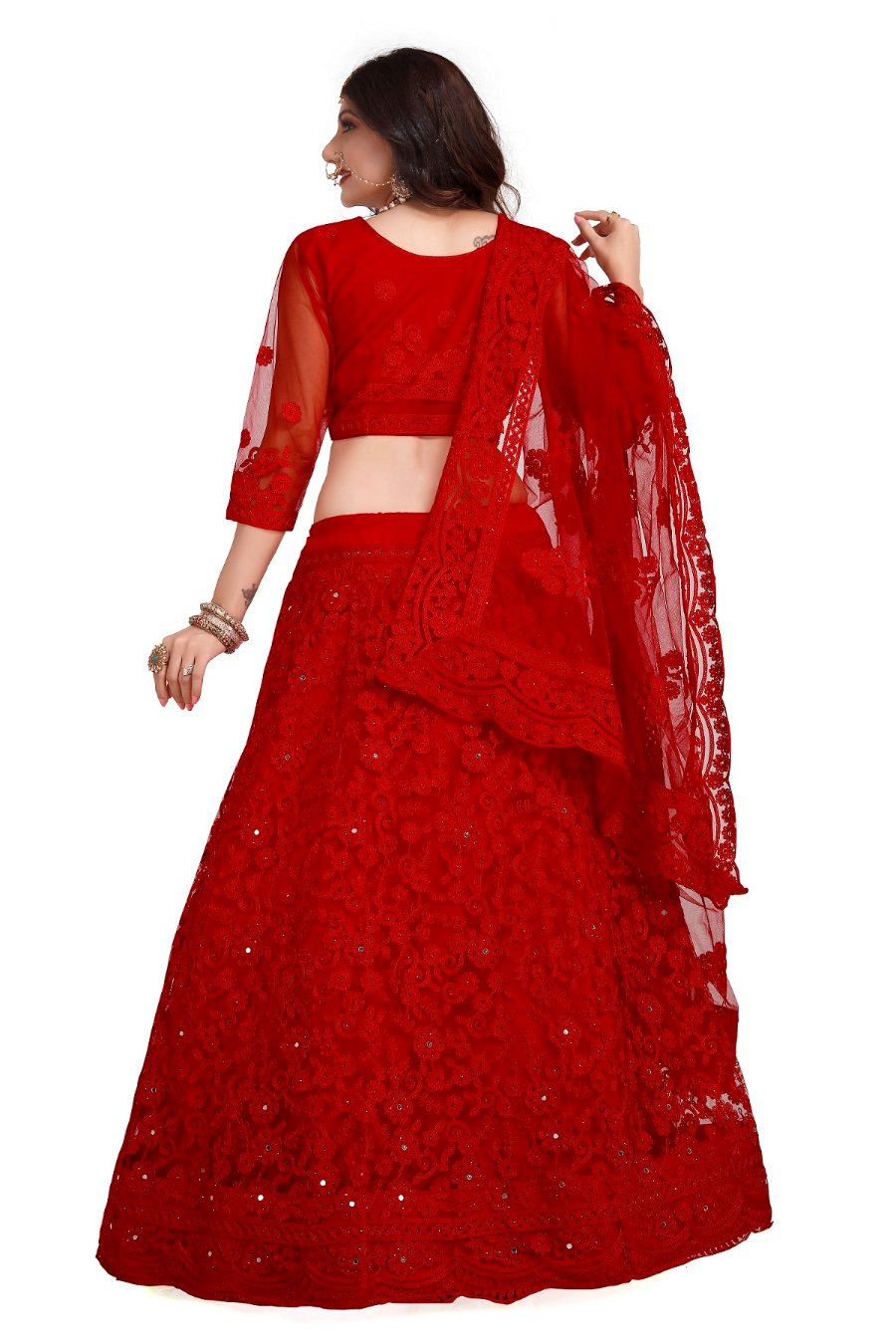 Women's Red Net Lehenga Choli Set with Intricate Thread Embroidery