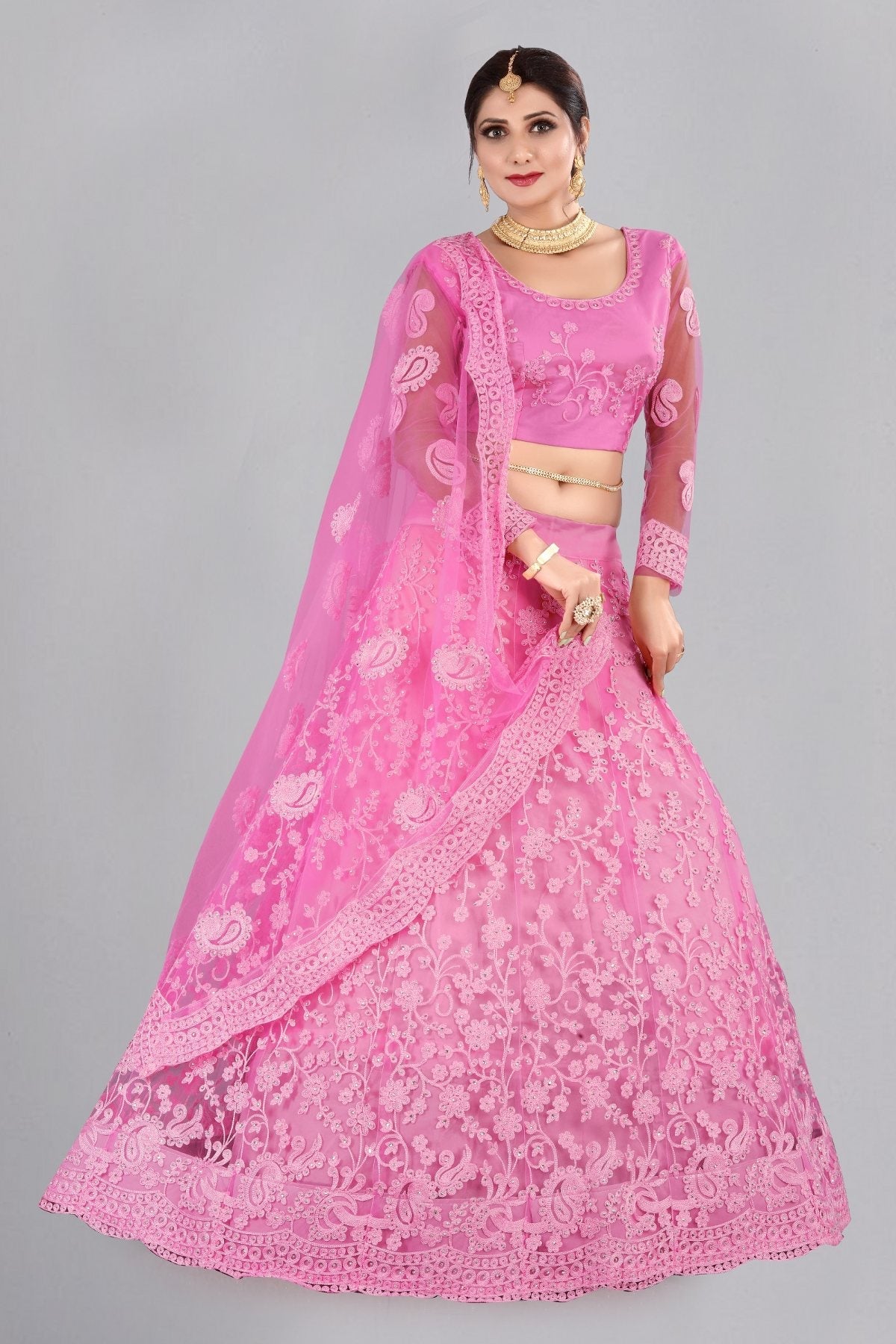 Baby Pink Net Thread Embroidered Lehenga Choli Set for Girls