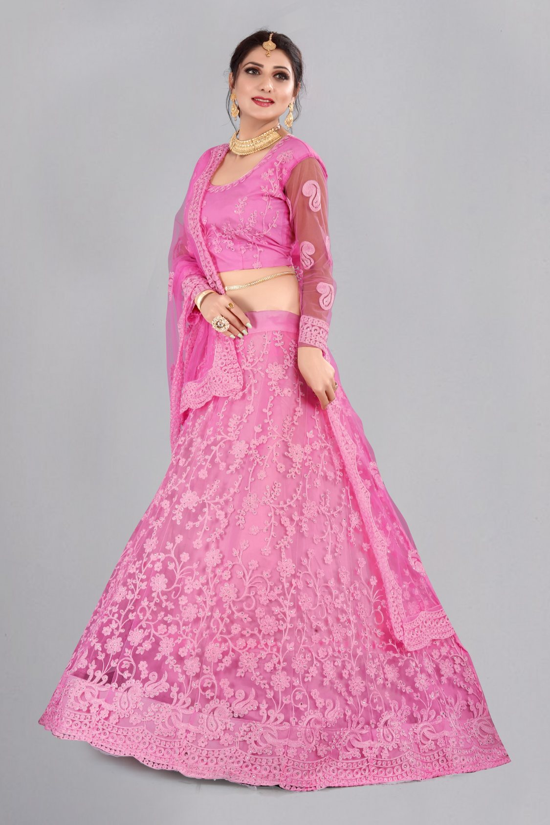 Baby Pink Net Thread Embroidered Lehenga Choli Set for Girls