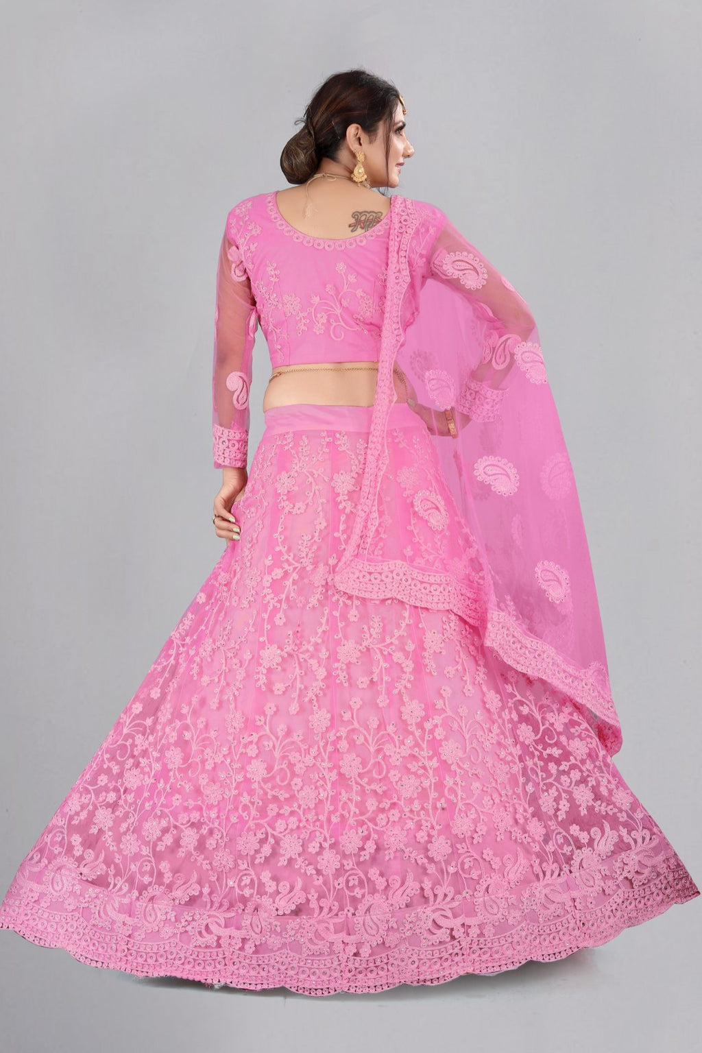 Baby Pink Net Thread Embroidered Lehenga Choli Set for Girls