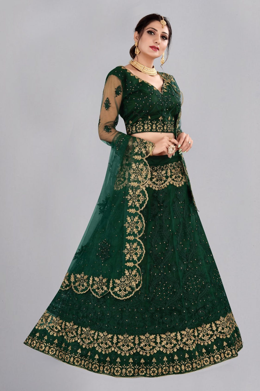 Women's Dark Green Net Lehenga Choli with Thread Embroidery Design