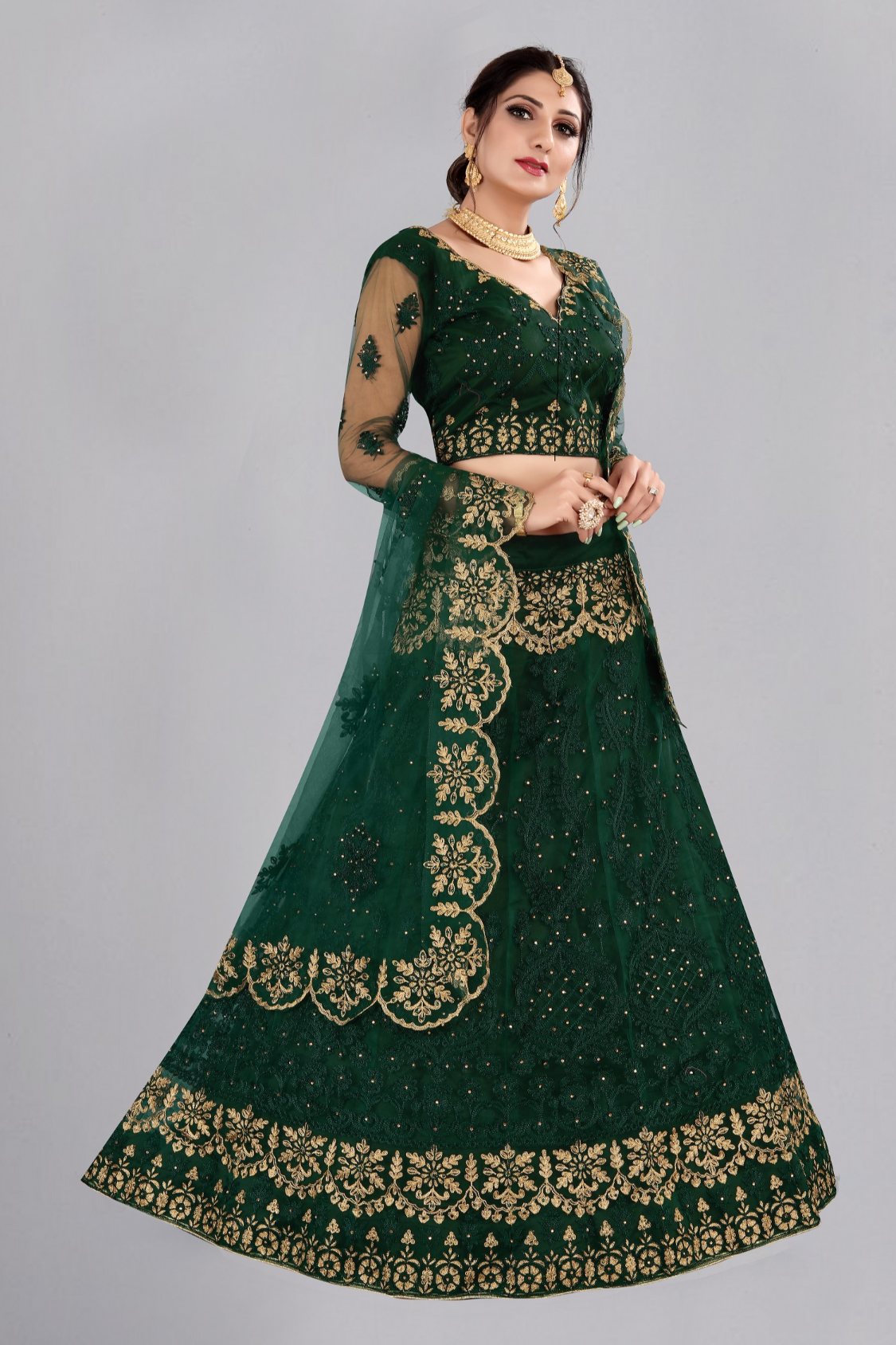 Women's Dark Green Net Lehenga Choli with Thread Embroidery Design