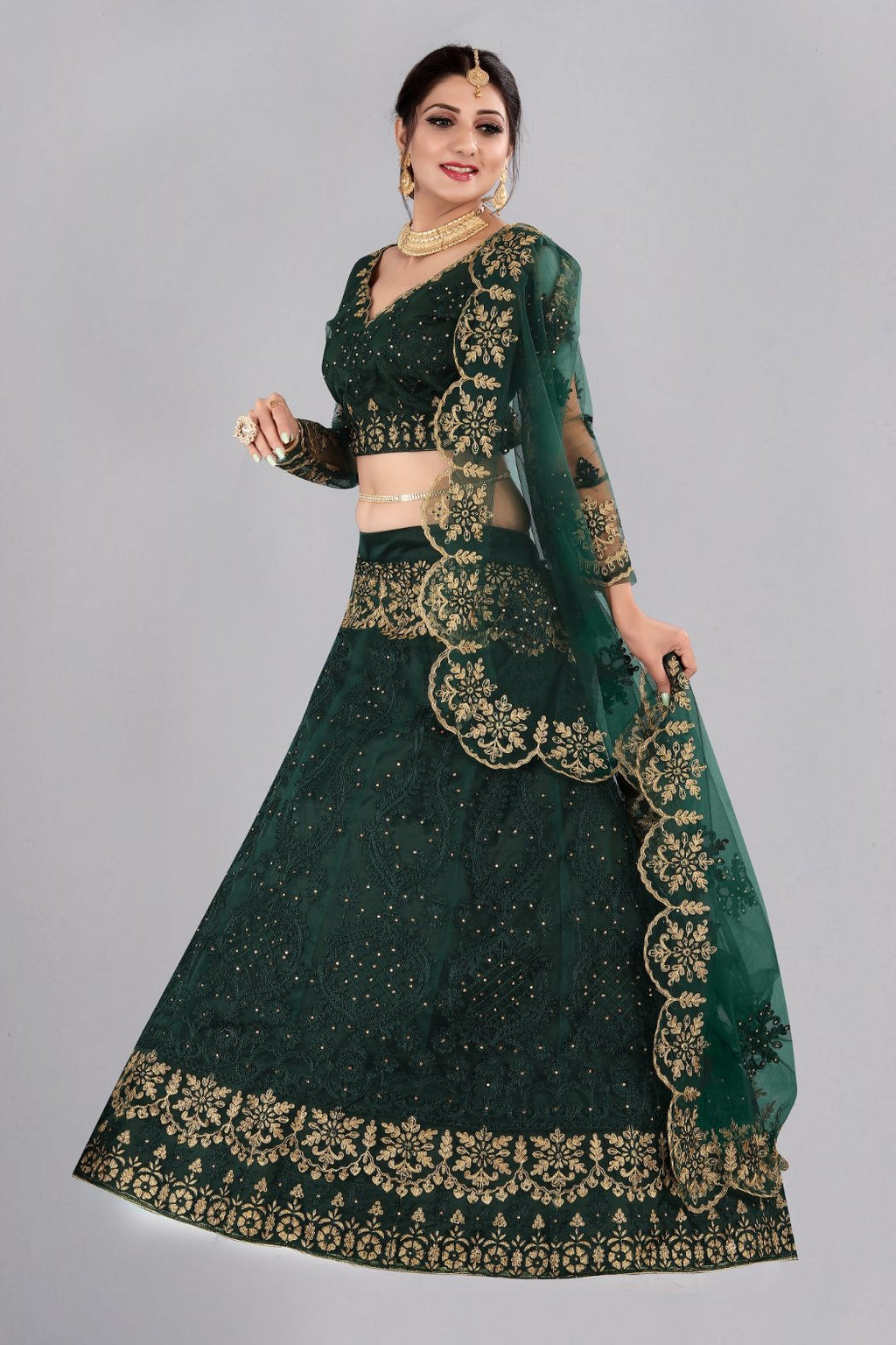 Women's Dark Green Net Lehenga Choli with Thread Embroidery Design