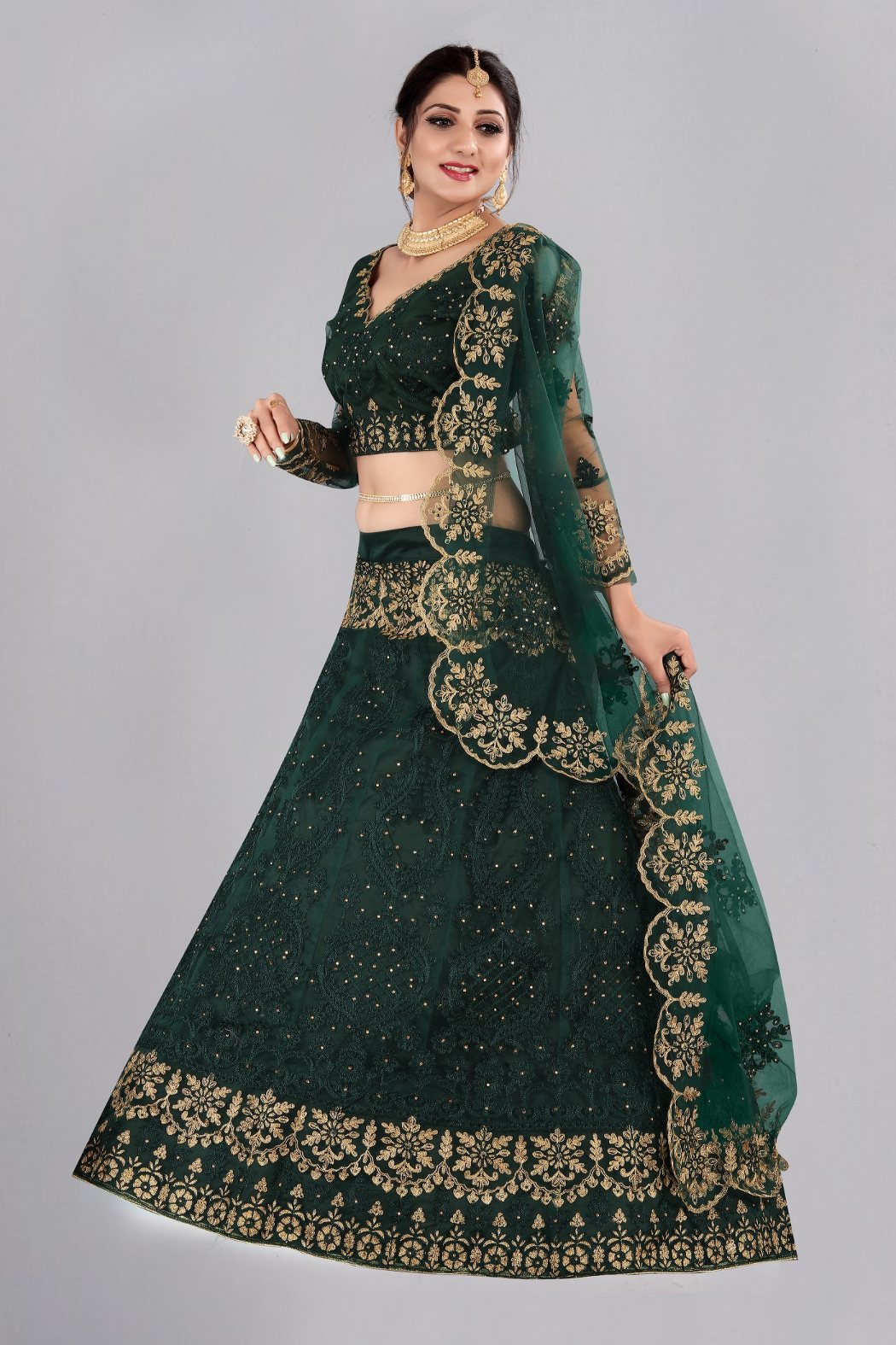 Women's Dark Green Net Lehenga Choli with Thread Embroidery Design