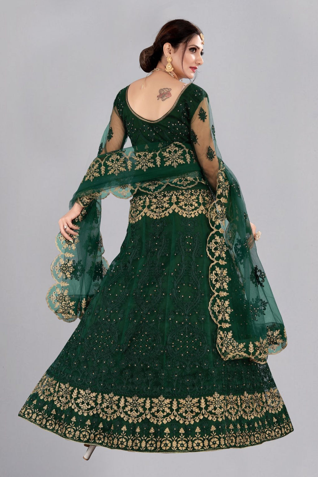 Women's Dark Green Net Lehenga Choli with Thread Embroidery Design