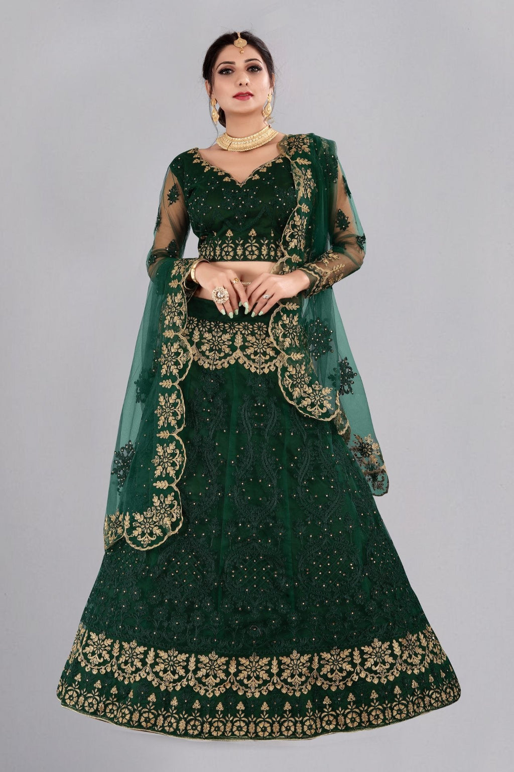 Elegant dark green net lehenga choli set with intricate thread embroidery design.