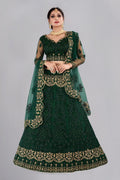 Elegant dark green net lehenga choli set with intricate thread embroidery design.