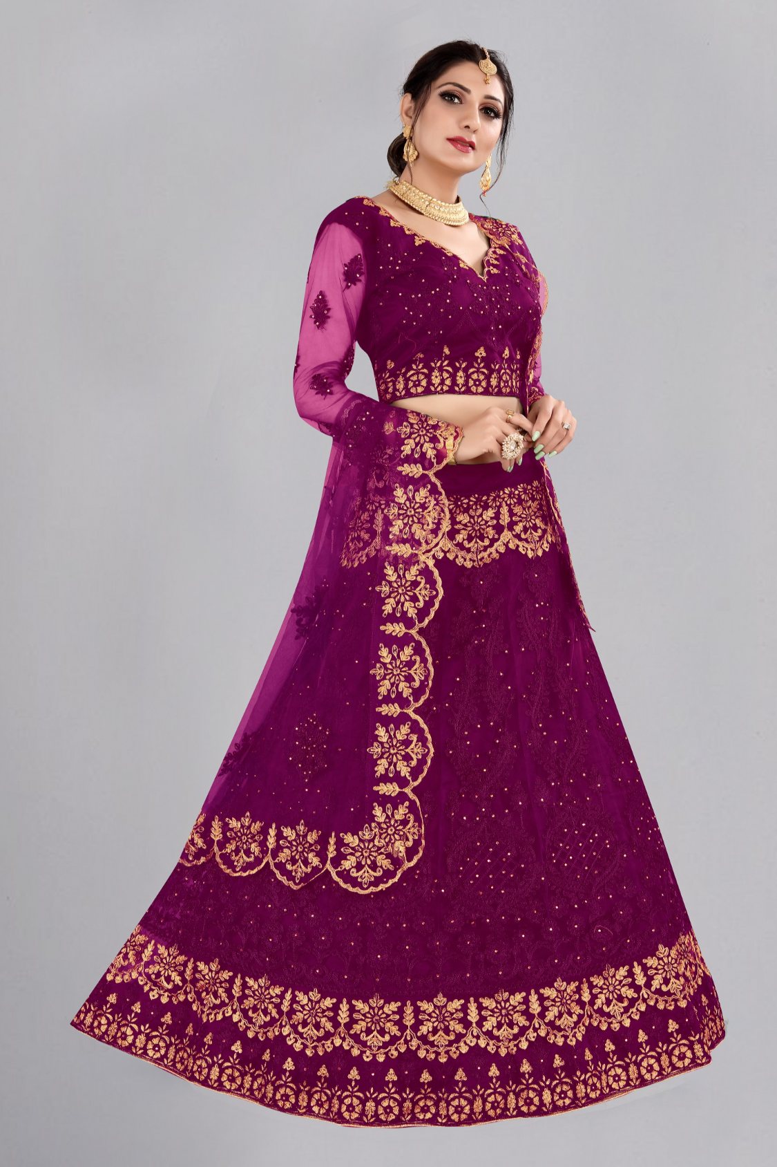 Purple Net Thread Embroidered Designer Lehenga Choli Set
