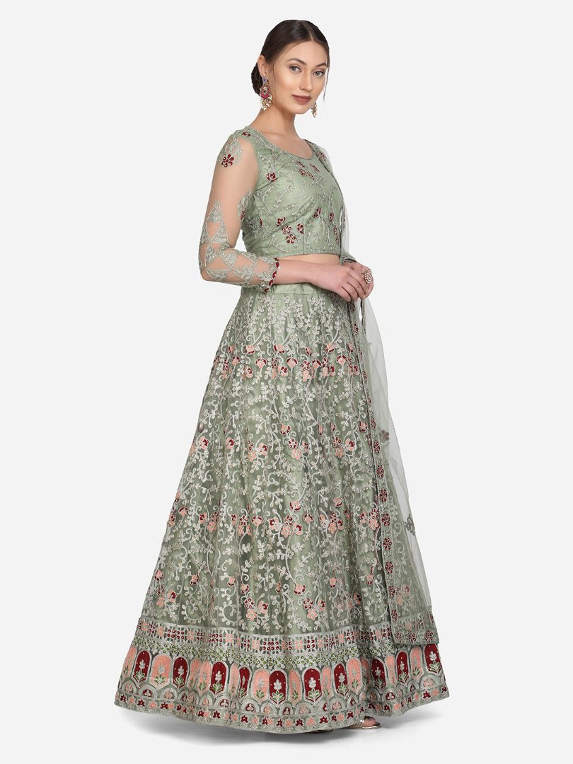 Light Green Net Thread Embroidered Designer Lehenga Choli Set