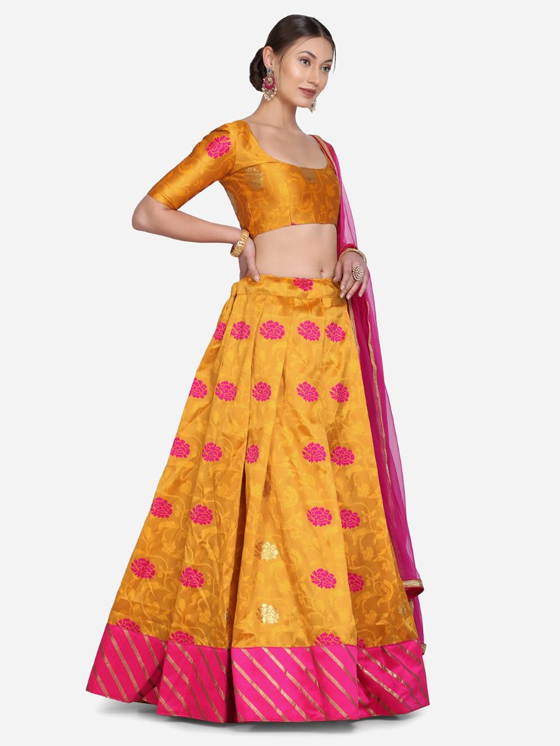 Pink Taffeta Silk Zari Woven Lehenga Choli Set