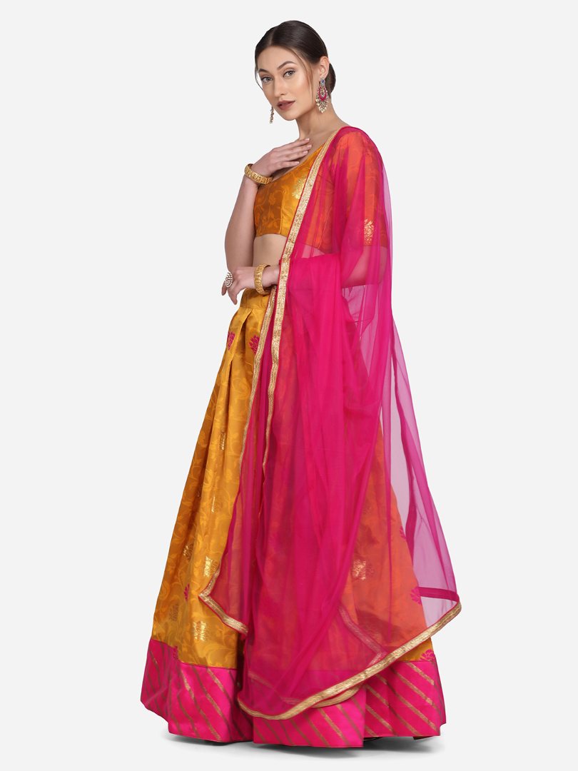 Pink Taffeta Silk Zari Woven Lehenga Choli Set