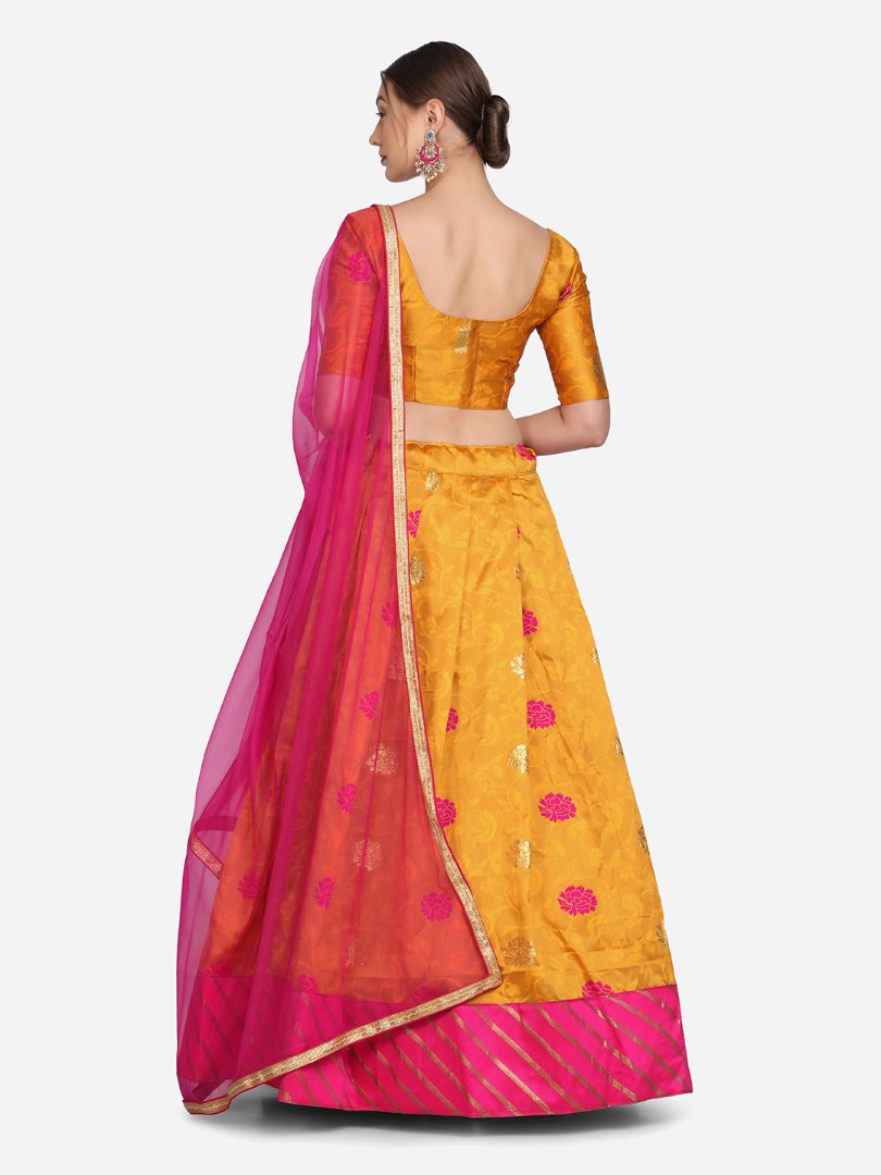 Pink Taffeta Silk Zari Woven Lehenga Choli Set