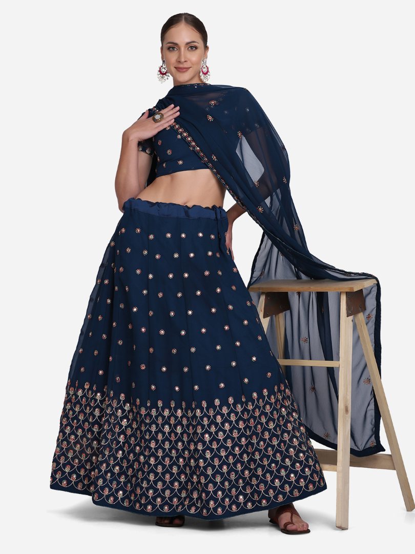 Navy Blue Georgette Thread Embroidered Lehenga Choli