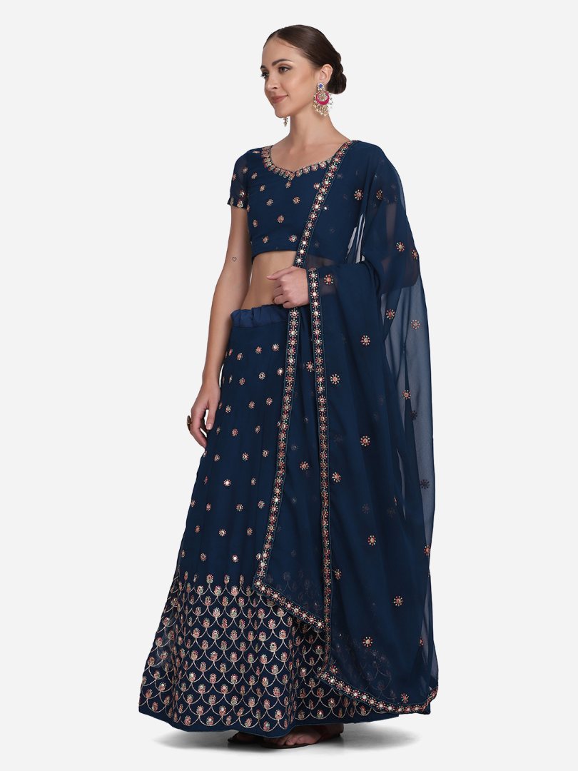 Navy Blue Georgette Thread Embroidered Lehenga Choli