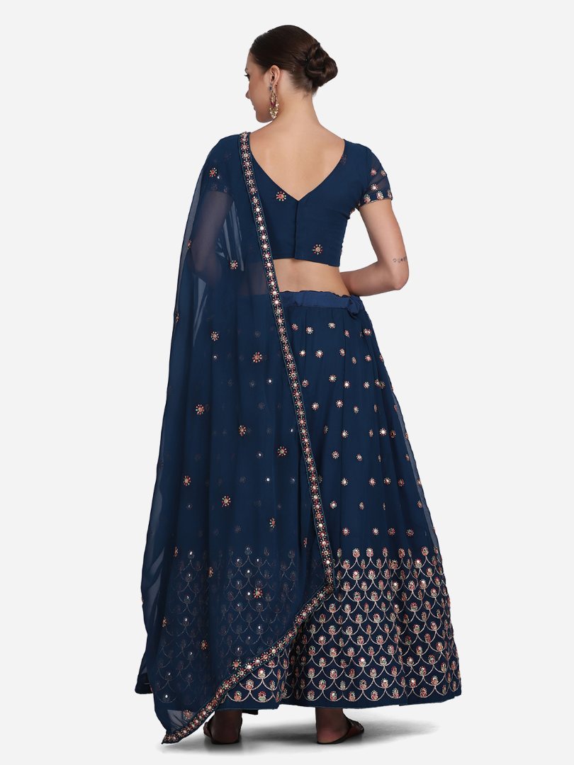 Navy Blue Georgette Thread Embroidered Lehenga Choli