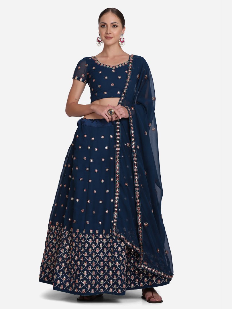 Navy blue georgette lehenga choli featuring intricate thread embroidery