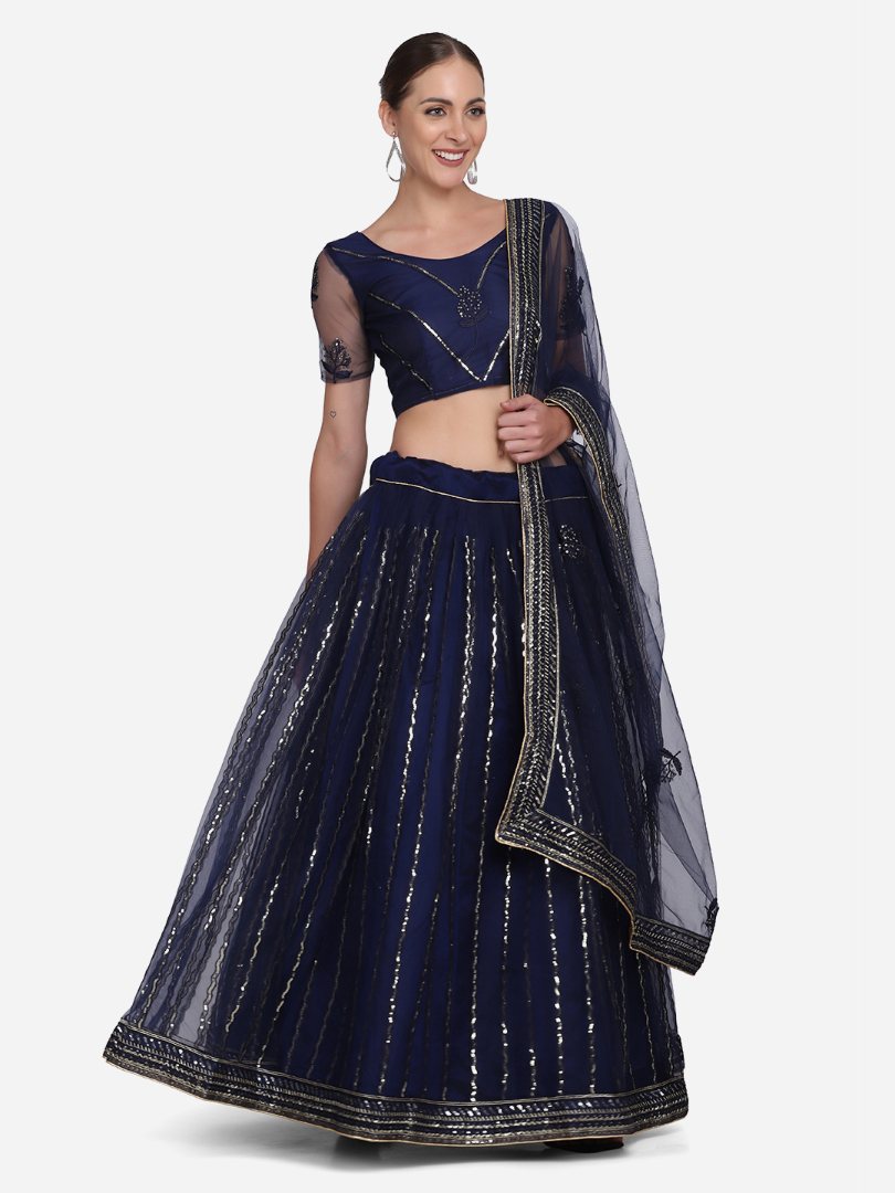 Navy Blue Net Sequins Embroidered Lehenga Choli with Dupatta