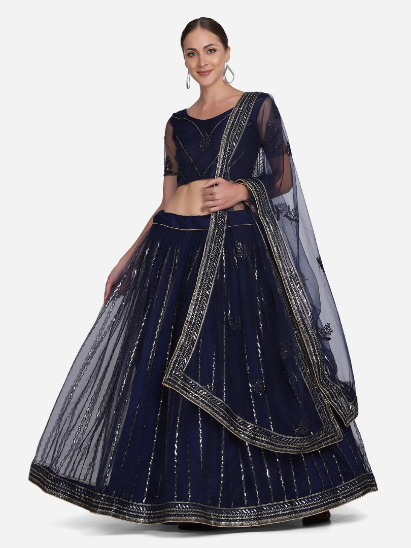 Navy Blue Net Sequins Embroidered Lehenga Choli with Dupatta