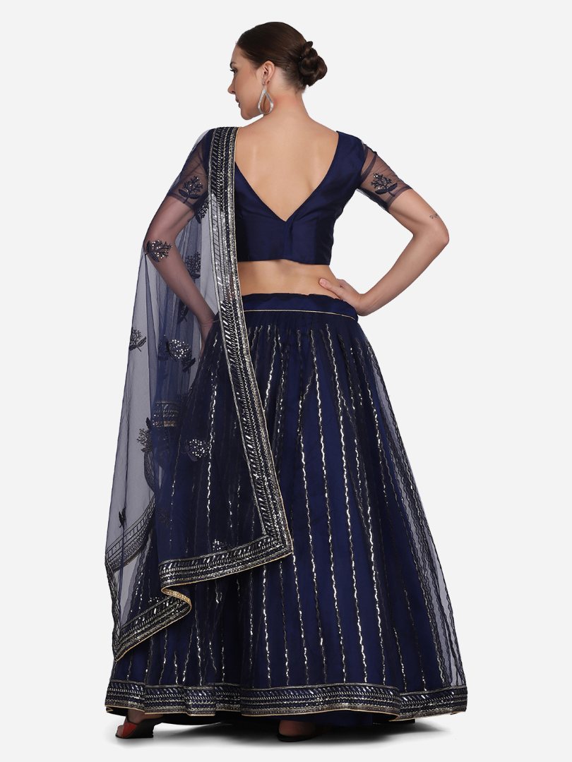 Navy Blue Net Sequins Embroidered Lehenga Choli with Dupatta