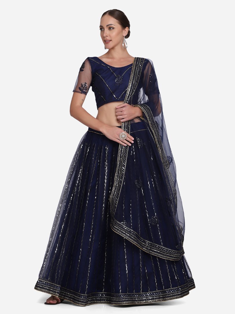 Navy Blue Net Lehenga Choli with sequins work and dupatta