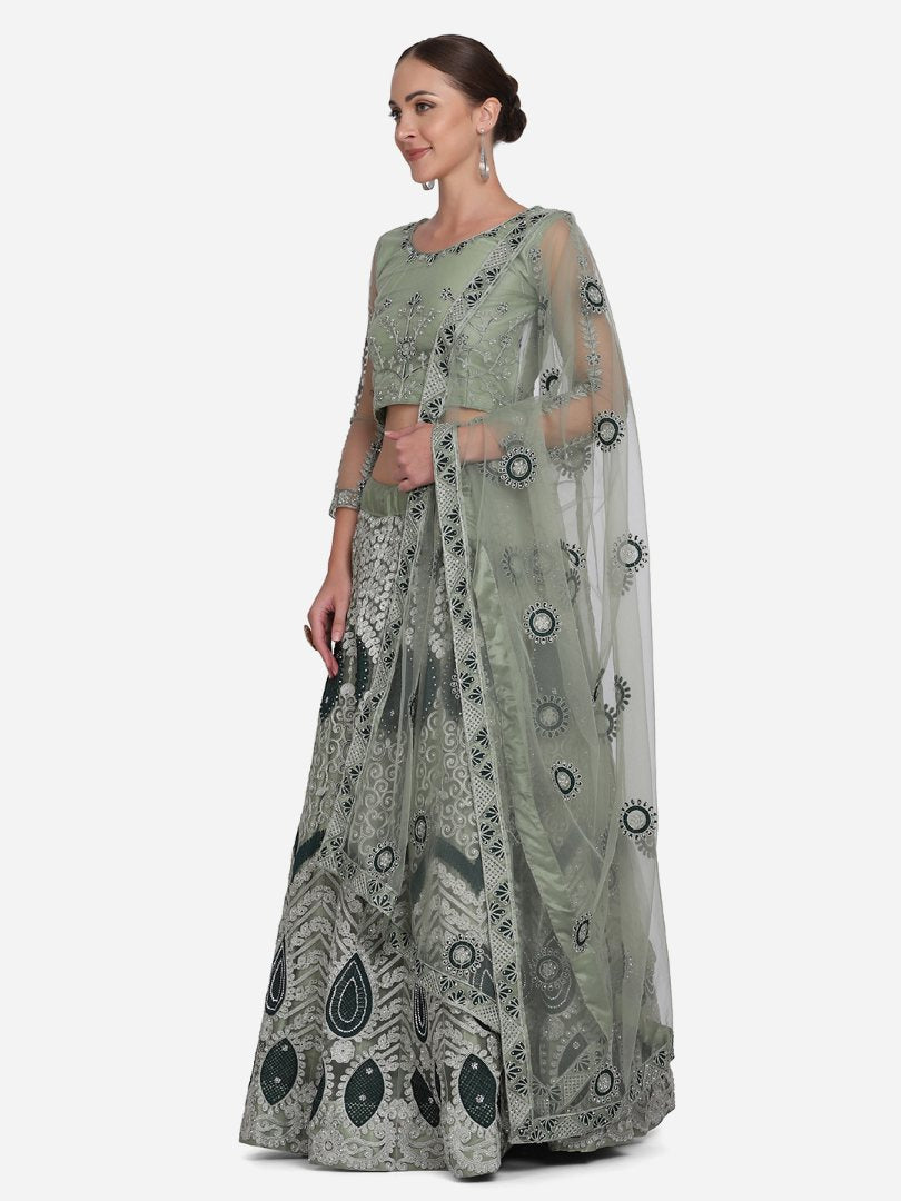 Sea Green Net Thread Embroidered Lehenga Choli with Dupatta