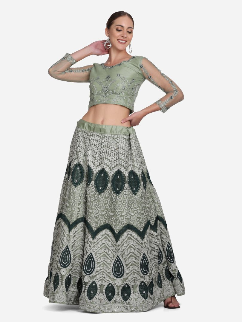 Sea Green Net Thread Embroidered Lehenga Choli with Dupatta