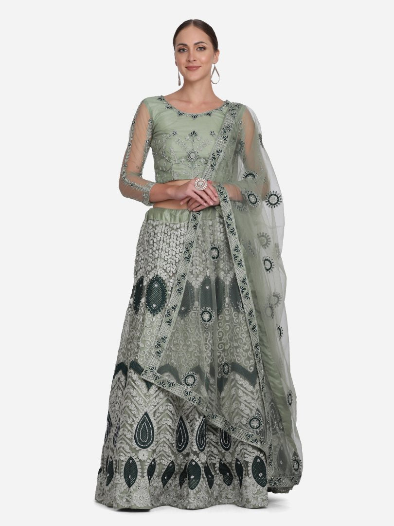 Sea Green Net Lehenga Choli with thread embroidery and matching dupatta