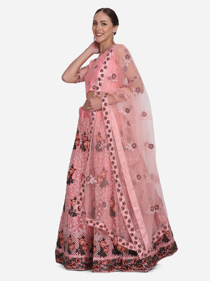 Baby Pink Thread Embroidered Net Lehenga Choli Set with Dupatta