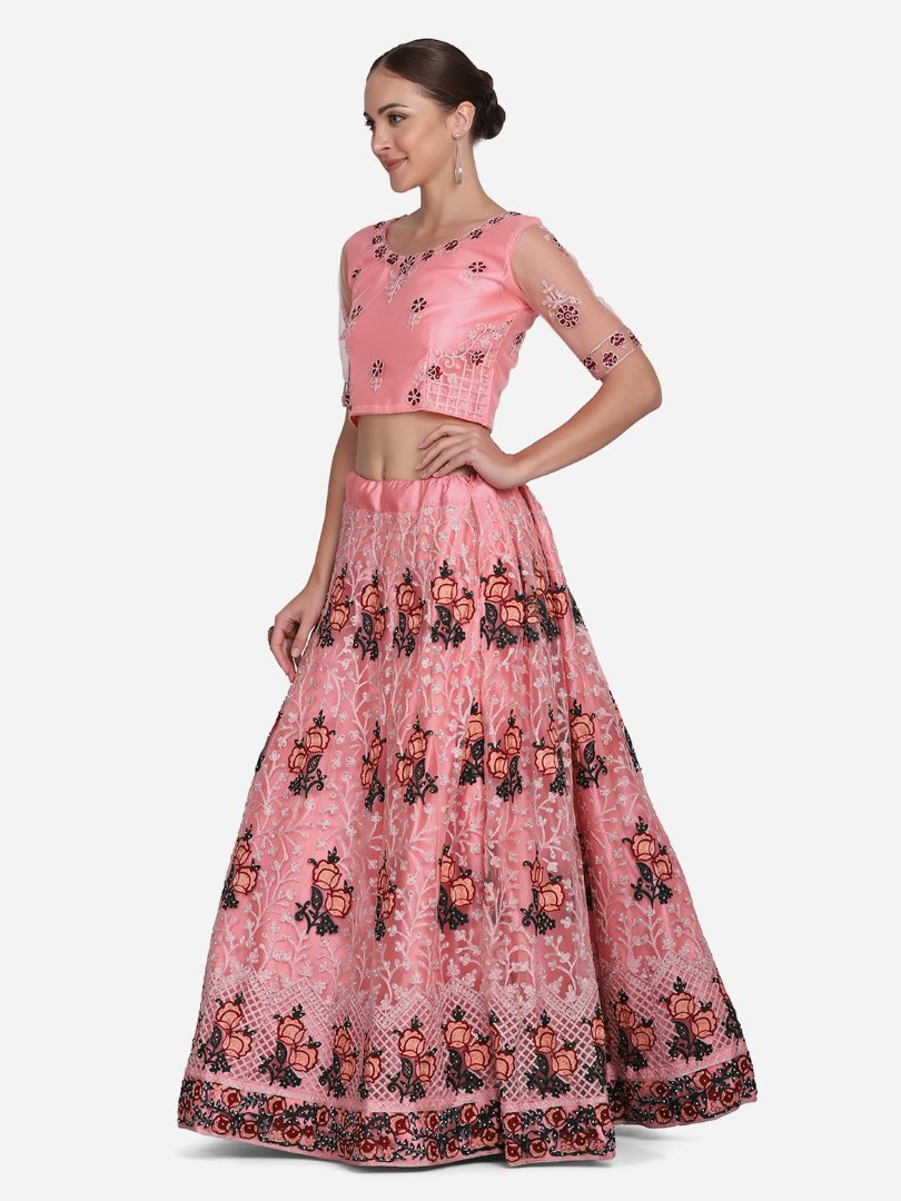 Baby Pink Thread Embroidered Net Lehenga Choli Set with Dupatta