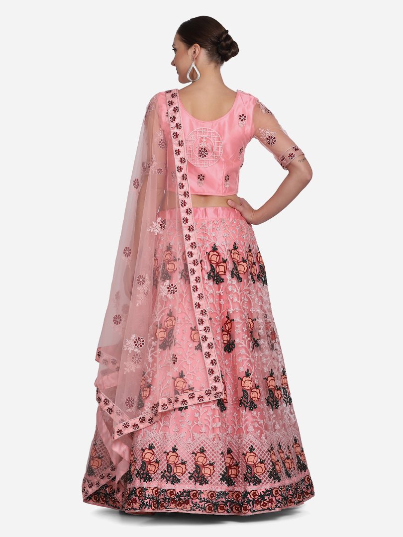Baby Pink Thread Embroidered Net Lehenga Choli Set with Dupatta
