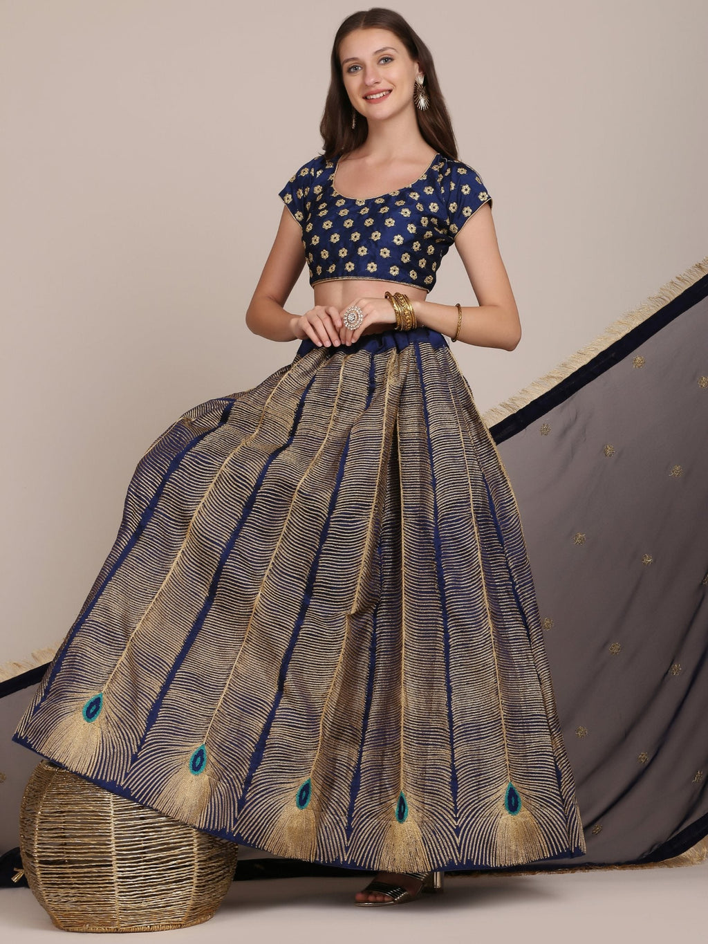 Women's Navy Blue Taffeta Silk Embroidered Lehenga Choli Set