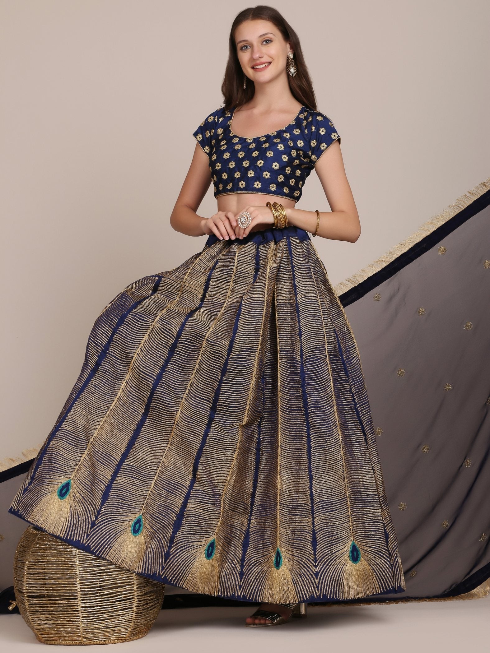 Women's Navy Blue Taffeta Silk Embroidered Lehenga Choli Set