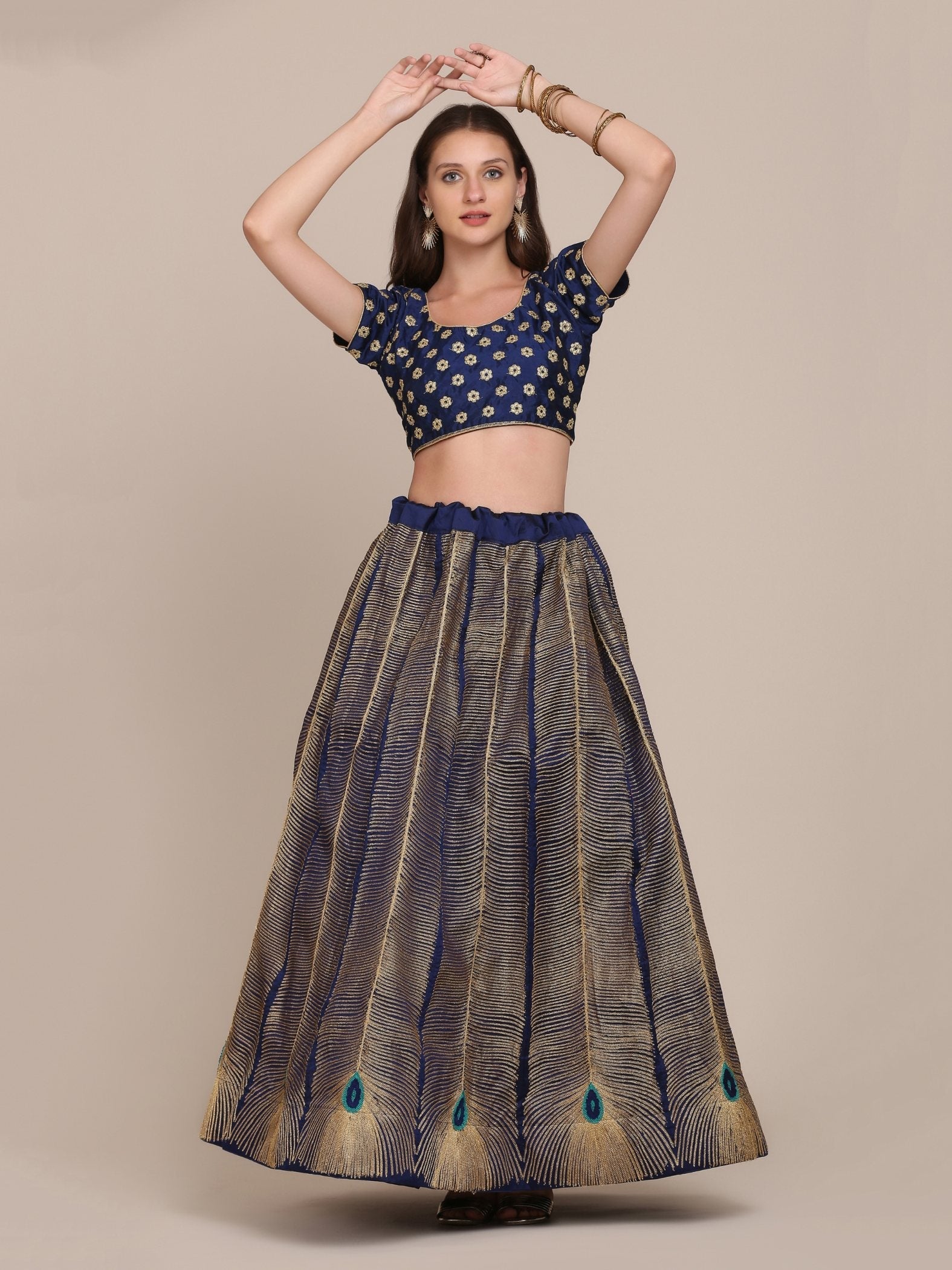 Women's Navy Blue Taffeta Silk Embroidered Lehenga Choli Set