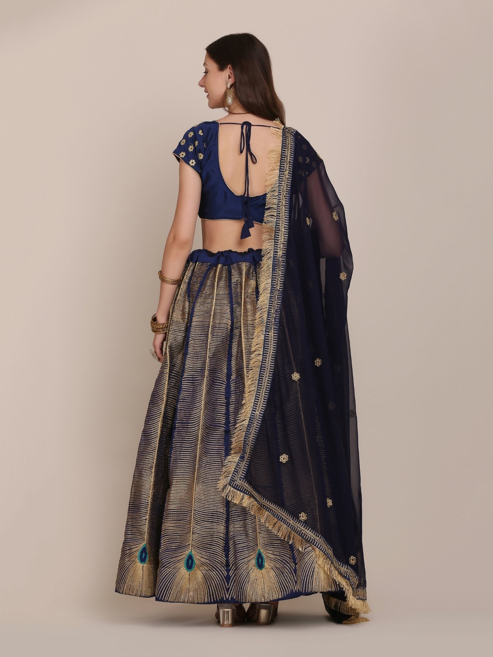 Women's Navy Blue Taffeta Silk Embroidered Lehenga Choli Set