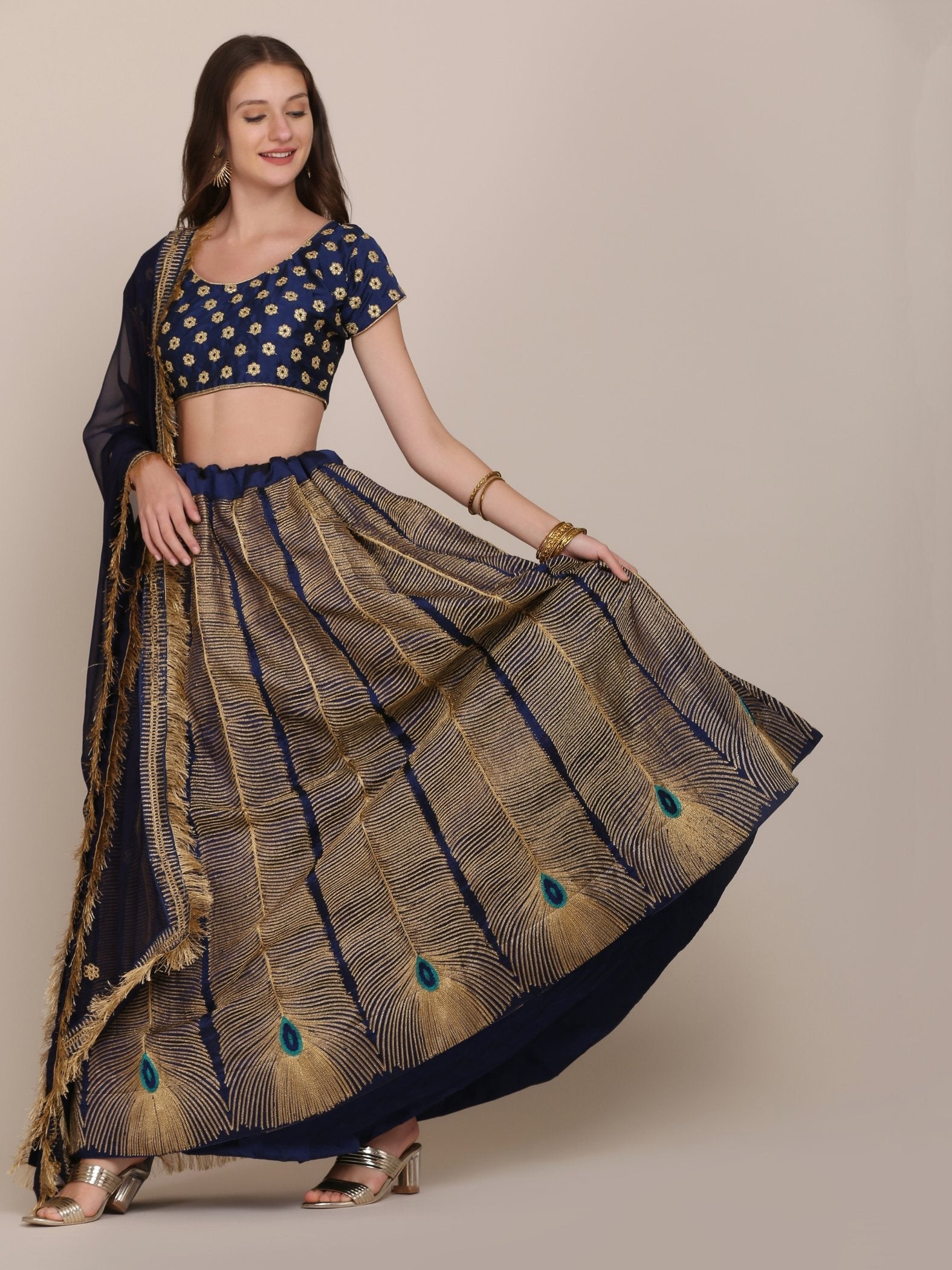 Navy blue taffeta silk embroidered lehenga choli with dupatta