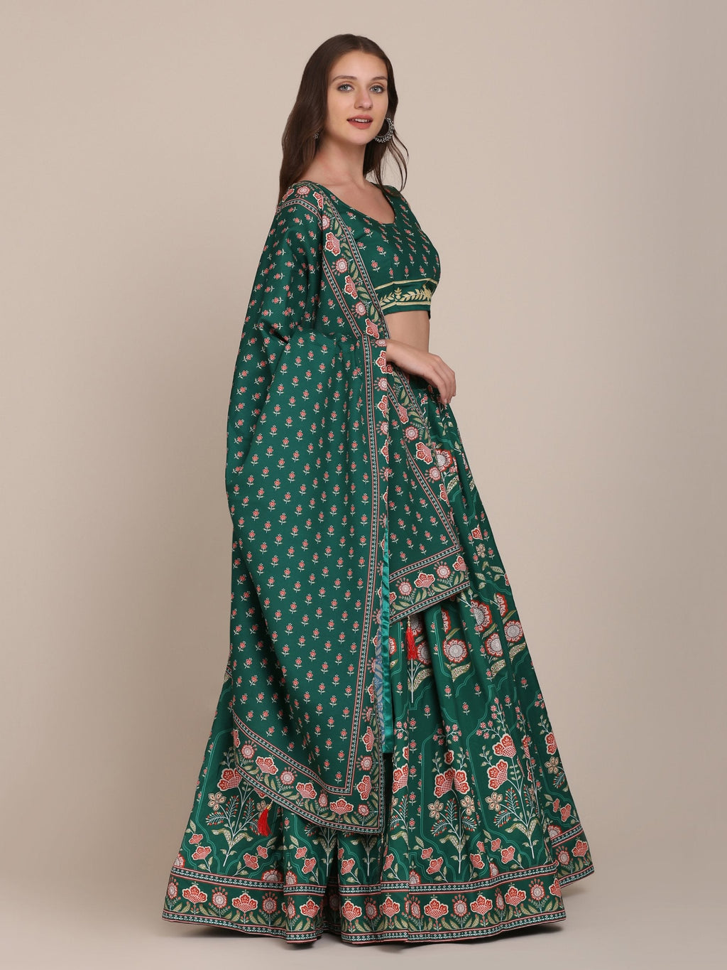 Women's Bottle Green Crepe Floral Printed Lehenga Choli Set